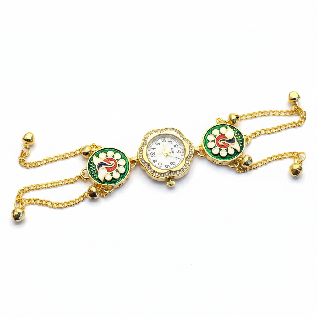 Round Meenakari Bracelet Watch - White Background Studio Shot