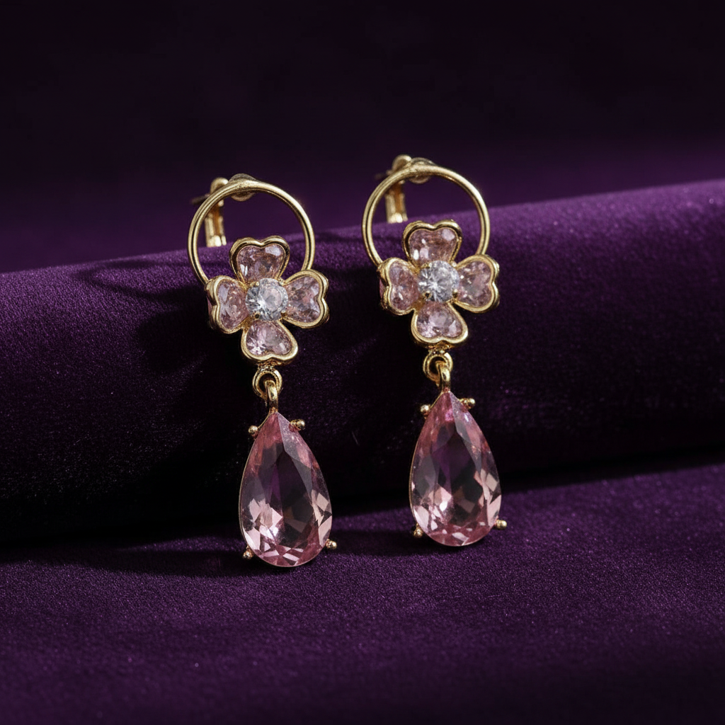 Blush Pink Zircon Teardrop Drop Earrings | Floral CZ Gold