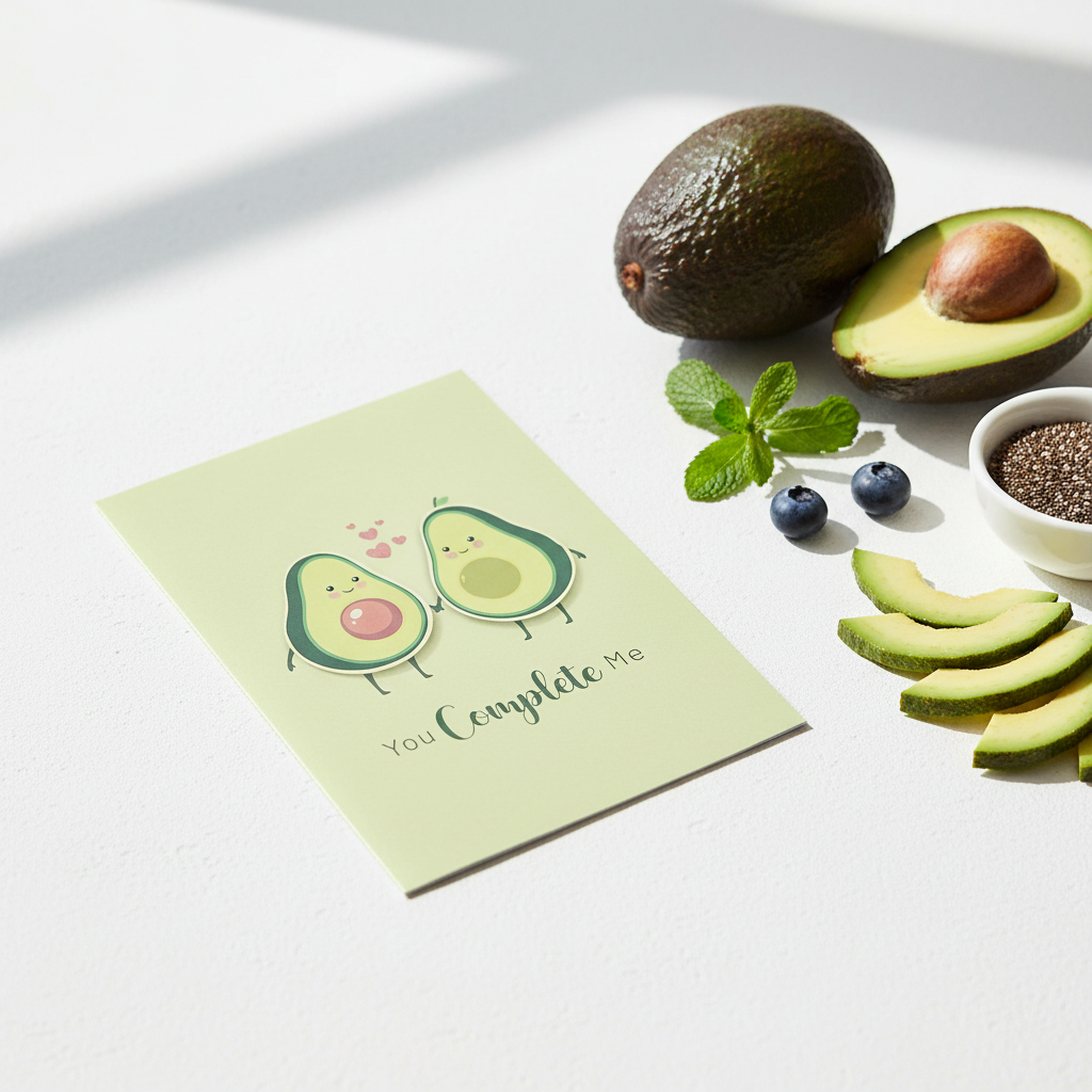 Greeting Card lifestyle photo with fresh avocados and healthy food items