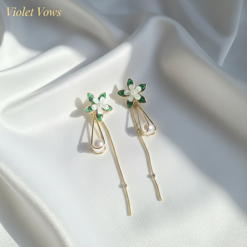Green Flower Chain Tassel Earrings
