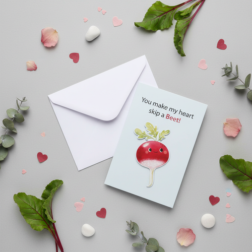Flat lay composition of beetroot greeting card with envelope and decorative elements