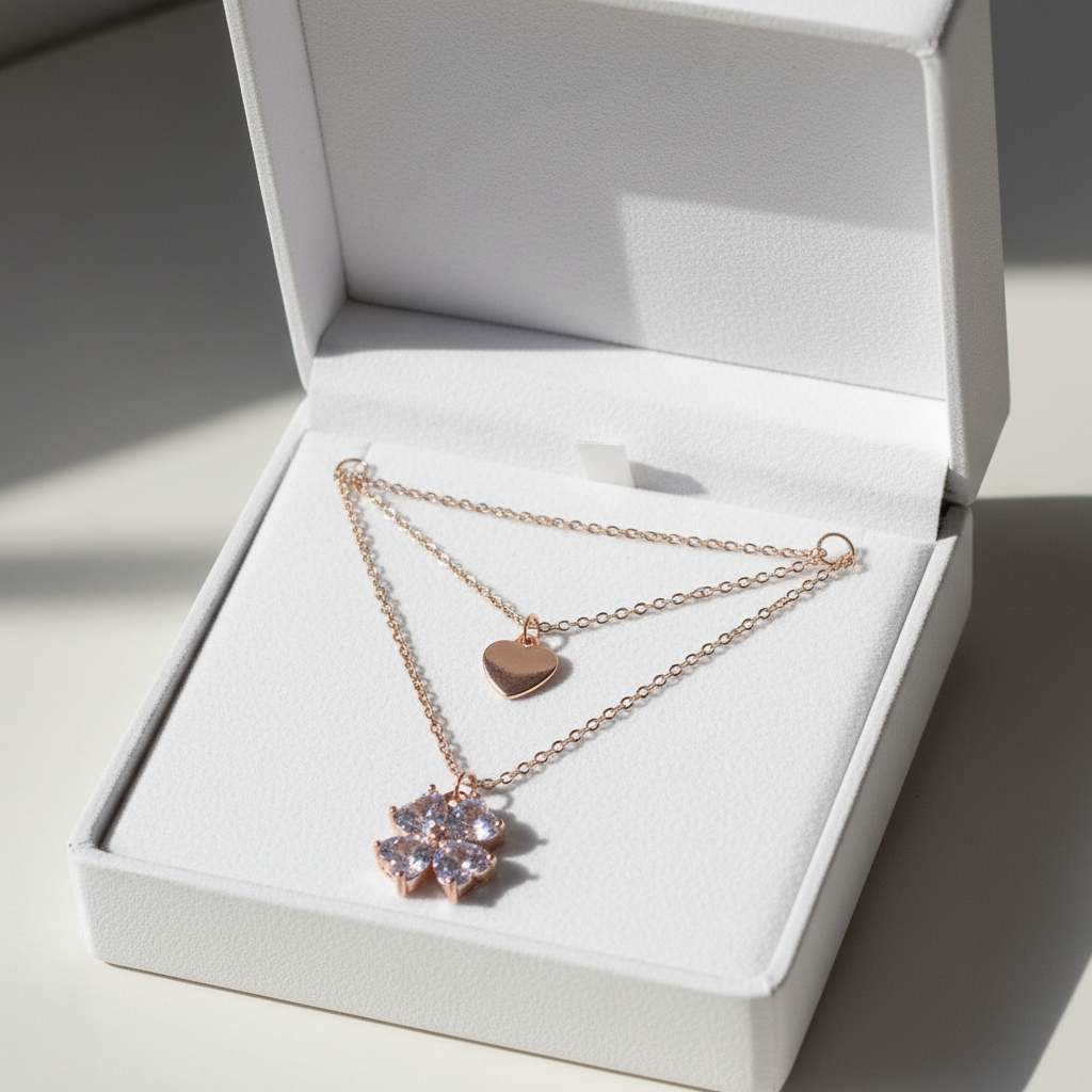 Rose Gold Double Layer Heart & Crystal Cluster Necklace - Plain Heart & 4 Crystal Hearts