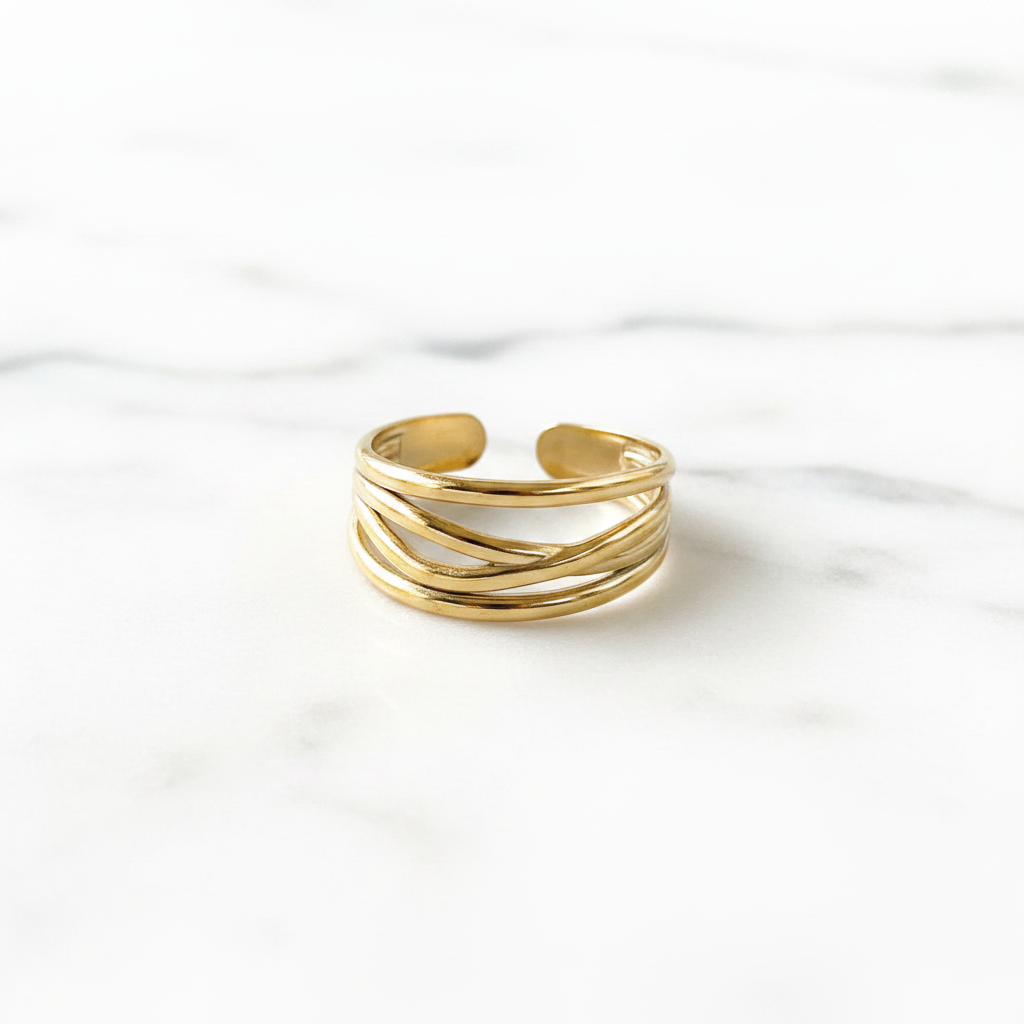 Gold Triple Wire Layered Open Cuff Ring - white marble product shot