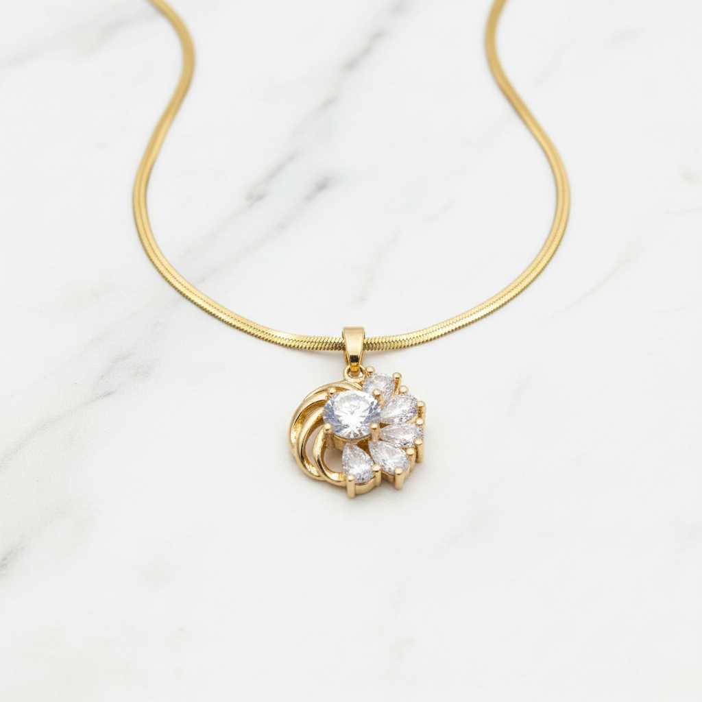 CZ Sunburst Cluster Pendant Necklace | Anti-Tarnish Gold Snake Chain