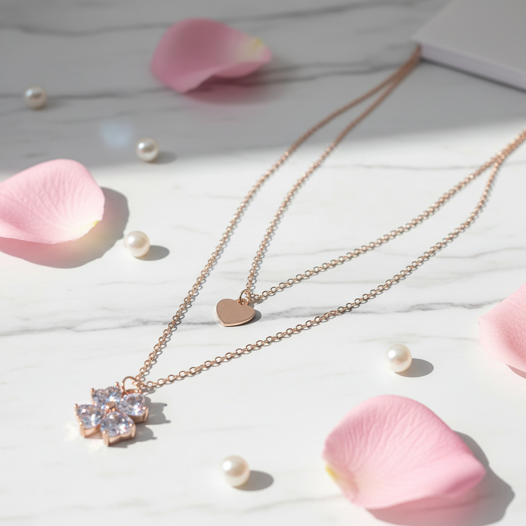 Rose Gold Double Layer Heart & Crystal Cluster Necklace - Plain Heart & 4 Crystal Hearts