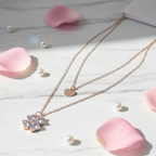Rose Gold Double Layer Heart & Crystal Cluster Necklace - Plain Heart & 4 Crystal Hearts
