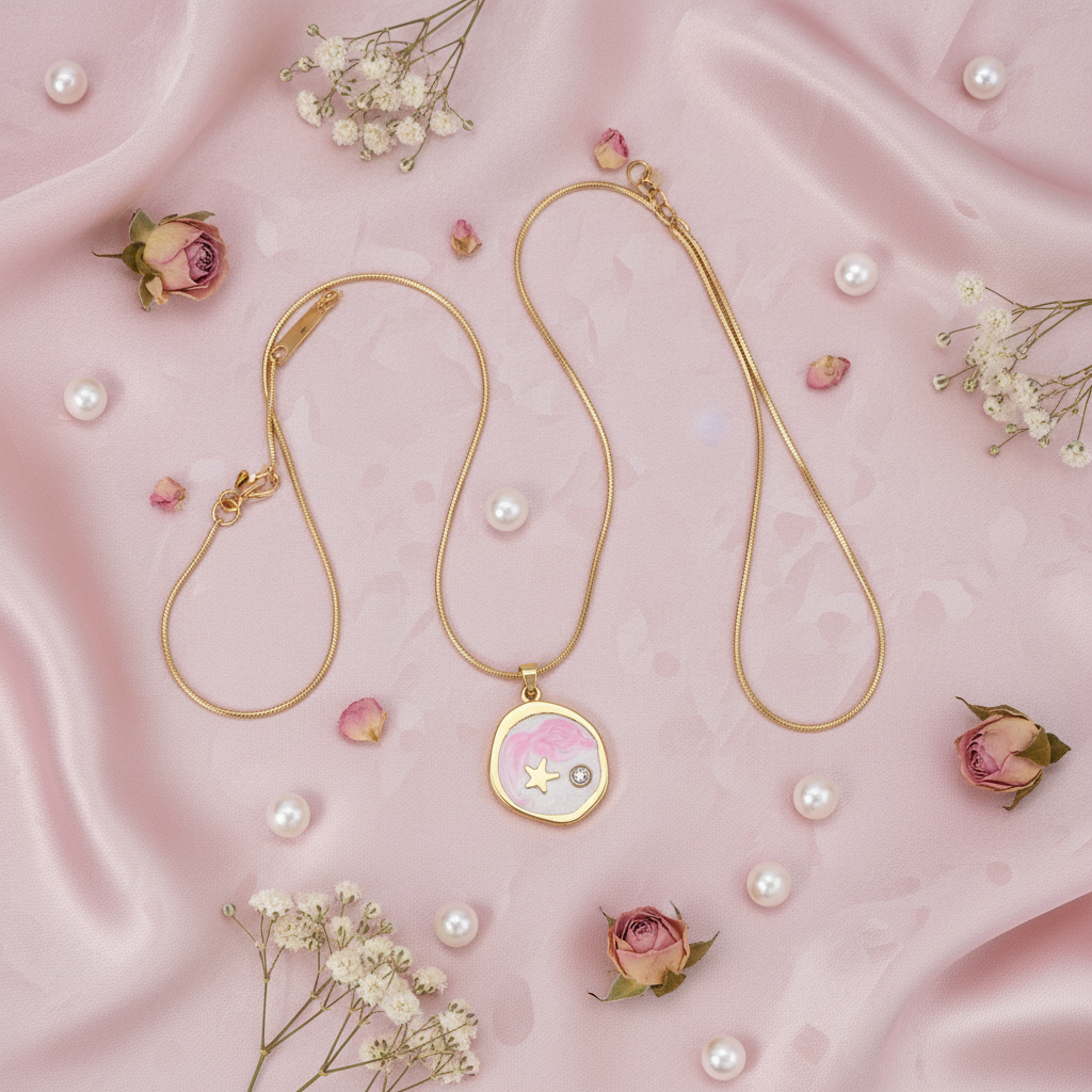 Pink Enamel Star & Crystal Pendant Necklace - Gold Snake Chain