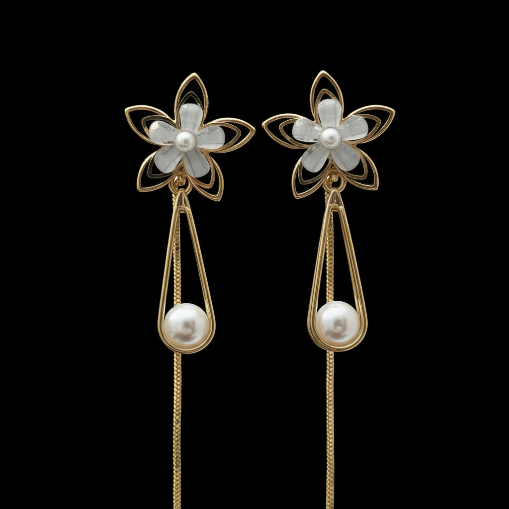Gold Black Flower Pearl Drop Earrings