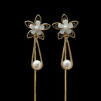 Gold Black Flower Pearl Drop Earrings