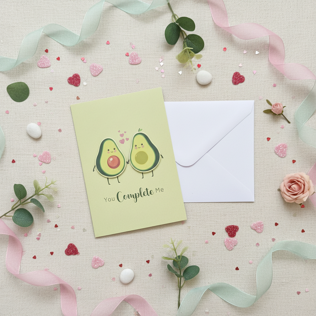 Flat lay composition of avocado greeting card with envelope and romantic decorative elements