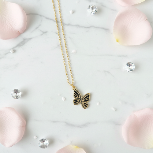 Black Enamel Butterfly Pendant Necklace – Gold Chain
