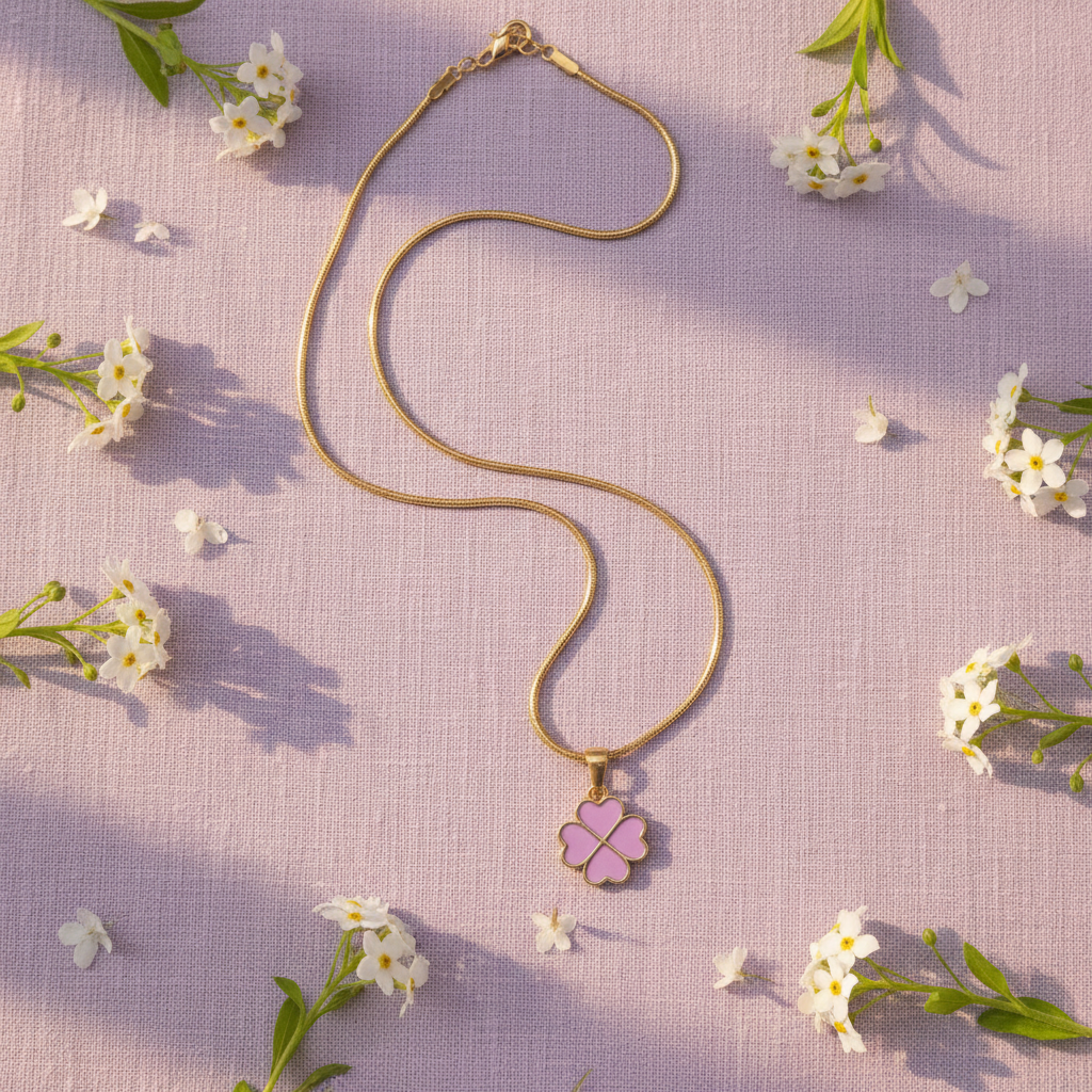 Purple 4-Leaf Clover Pendant Necklace | Anti-Tarnish Gold Snake Chain