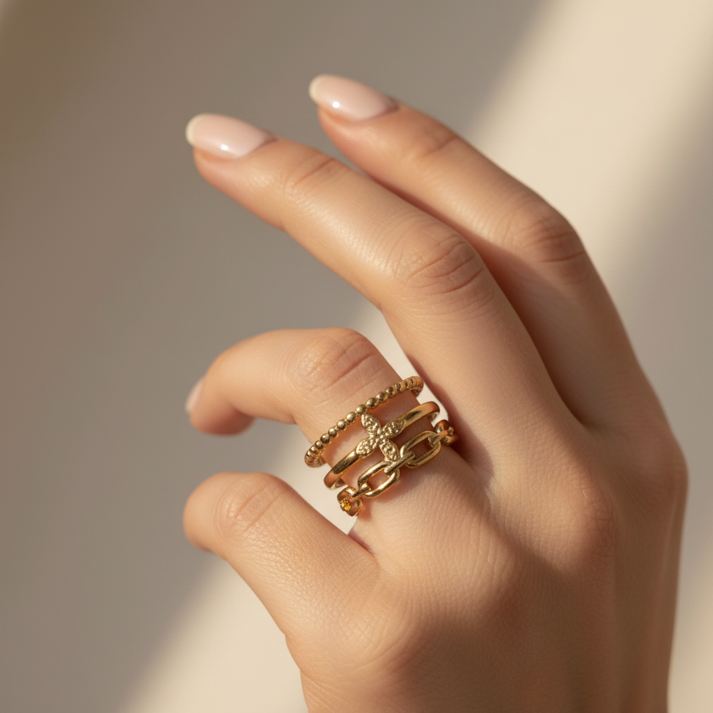 Gold Multi-Layer Beaded Cross & Chain Link Open Ring - worn on finger lifestyle shot