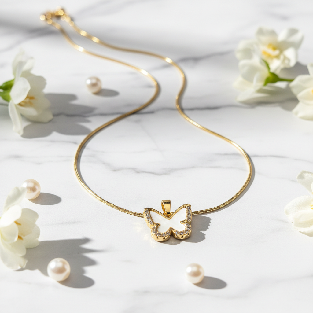 White Enamel Crystal Butterfly Pendant Necklace - Stainless Steel Gold Snake Chain