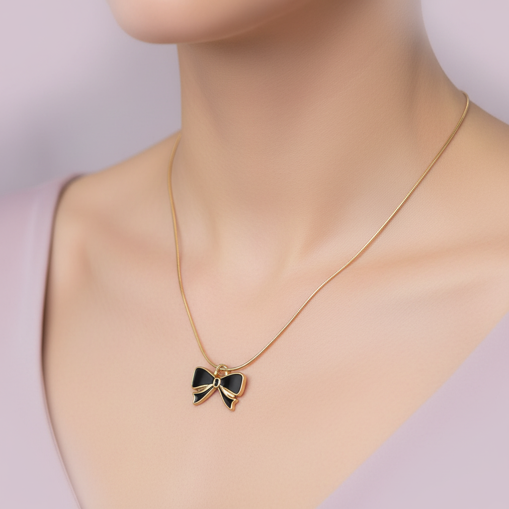 Black & Gold Bow Pendant Necklace - Stainless Steel Gold Snake Chain