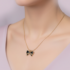 Black & Gold Bow Pendant Necklace - Stainless Steel Gold Snake Chain