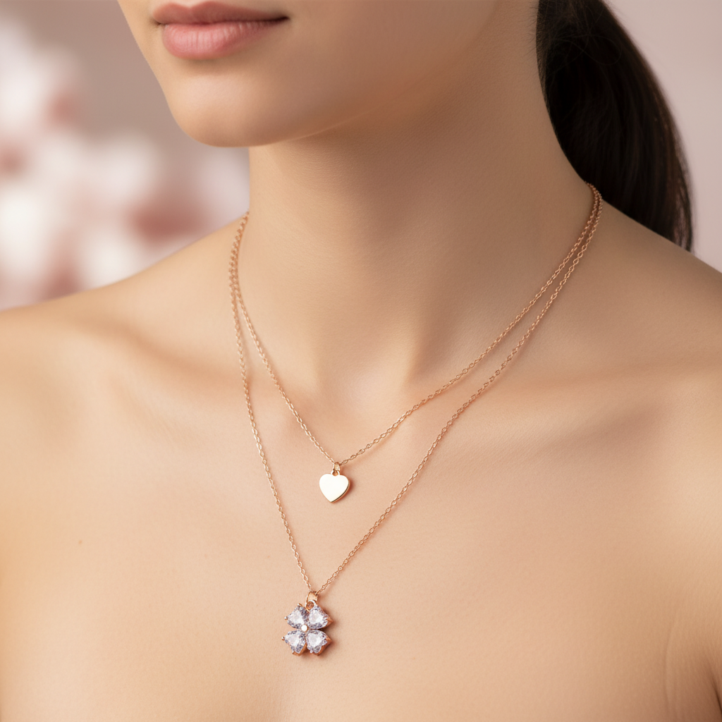 Rose Gold Double Layer Heart & Crystal Cluster Necklace - Plain Heart & 4 Crystal Hearts