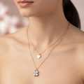 Rose Gold Double Layer Heart & Crystal Cluster Necklace - Plain Heart & 4 Crystal Hearts