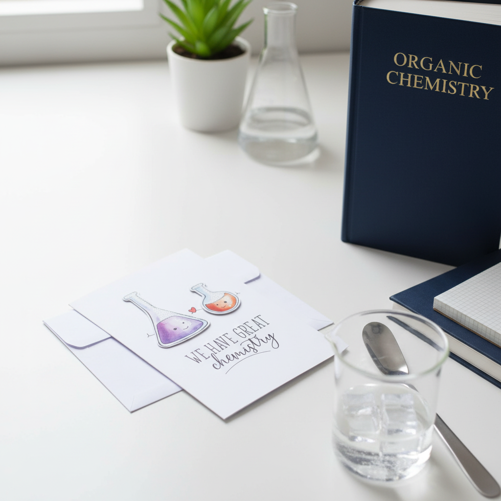 Greeting Card lifestyle photo with science lab equipment and chemistry books