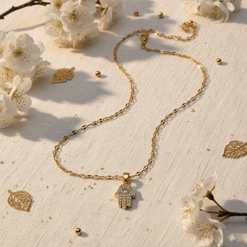 Hamsa Hand CZ Pendant Necklace | Anti-Tarnish Gold Oval Link Chain