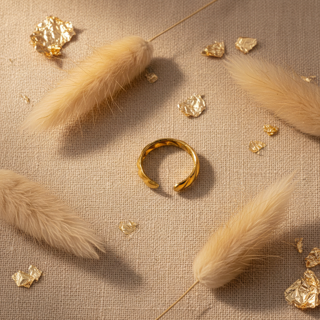 Gold twisted croissant ring flat lay with pampas grass and gold foil accents