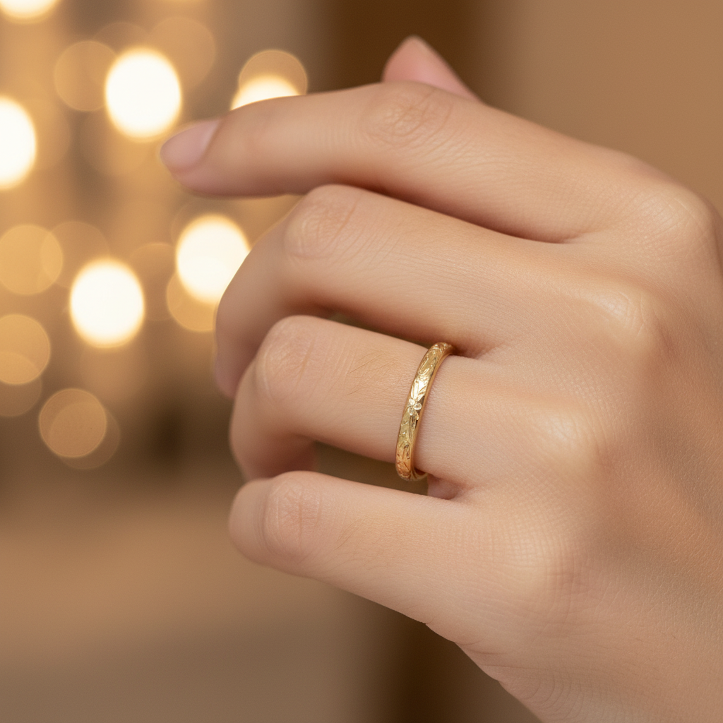 Gold engraved floral band open cuff ring worn on finger with warm golden bokeh