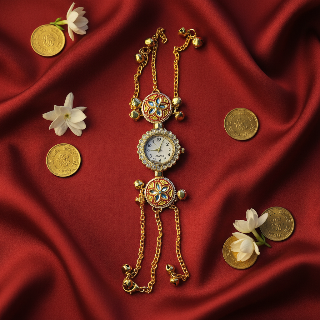 Red Kundan Filigree Sunflower Bracelet Watch - Red Silk Bridal Flat Lay