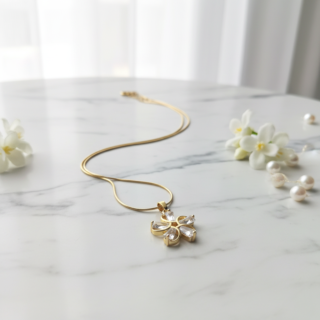 Gold Crystal Flower Pendant Necklace - Stainless Steel Gold Snake Chain
