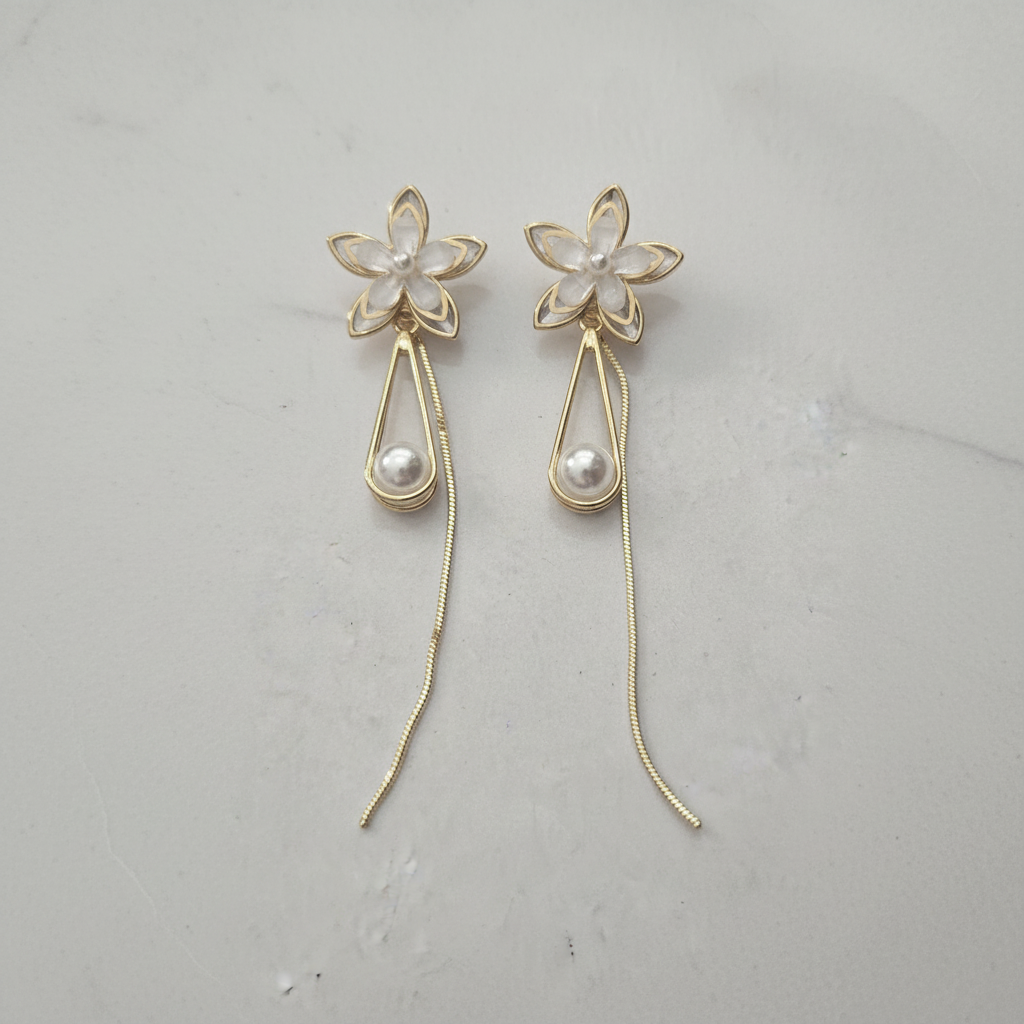 Gold Crystal Flower Pearl Drop Earrings