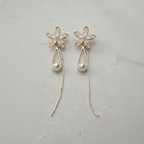 Gold Crystal Flower Pearl Drop Earrings