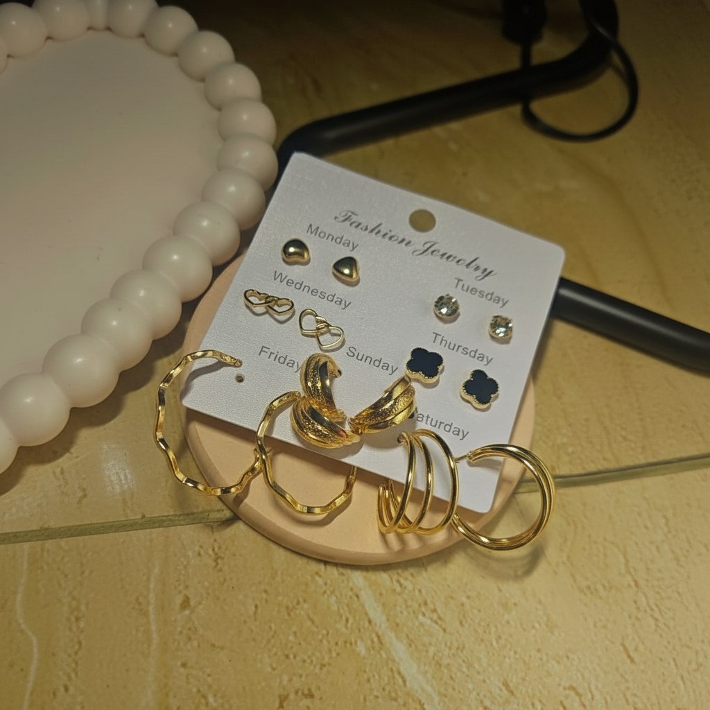 7-Pair Gold Earring Set - Beige Lifestyle