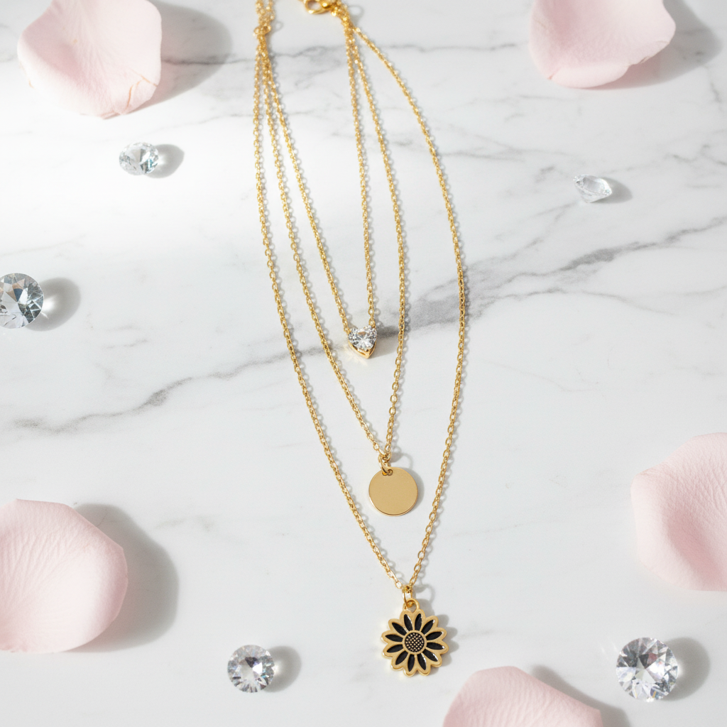 Triple Layer Sunflower Heart Necklace – Gold Chain