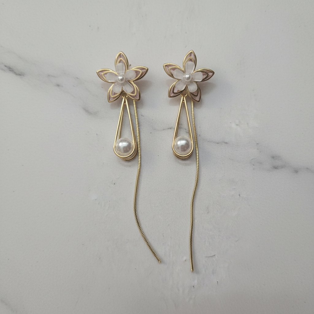 Gold Blush Flower Pearl Drop Earrings