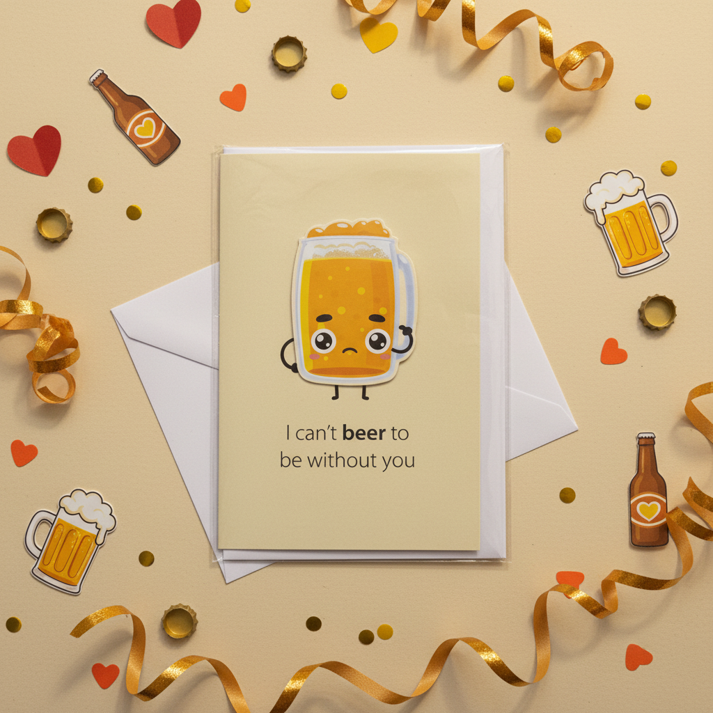 Flat lay composition of beer greeting card with envelope and fun decorative elements