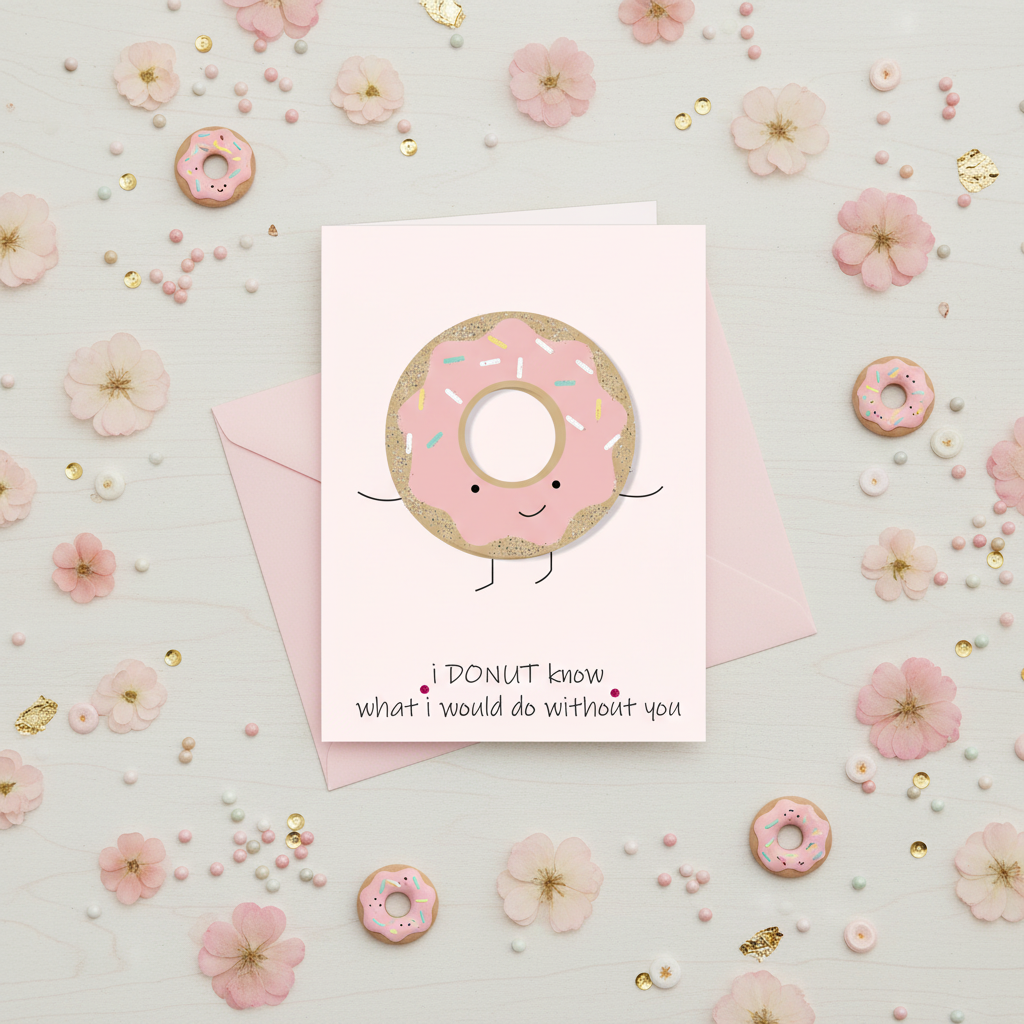Flat lay composition of donut greeting card with envelope and sweet decorative elements