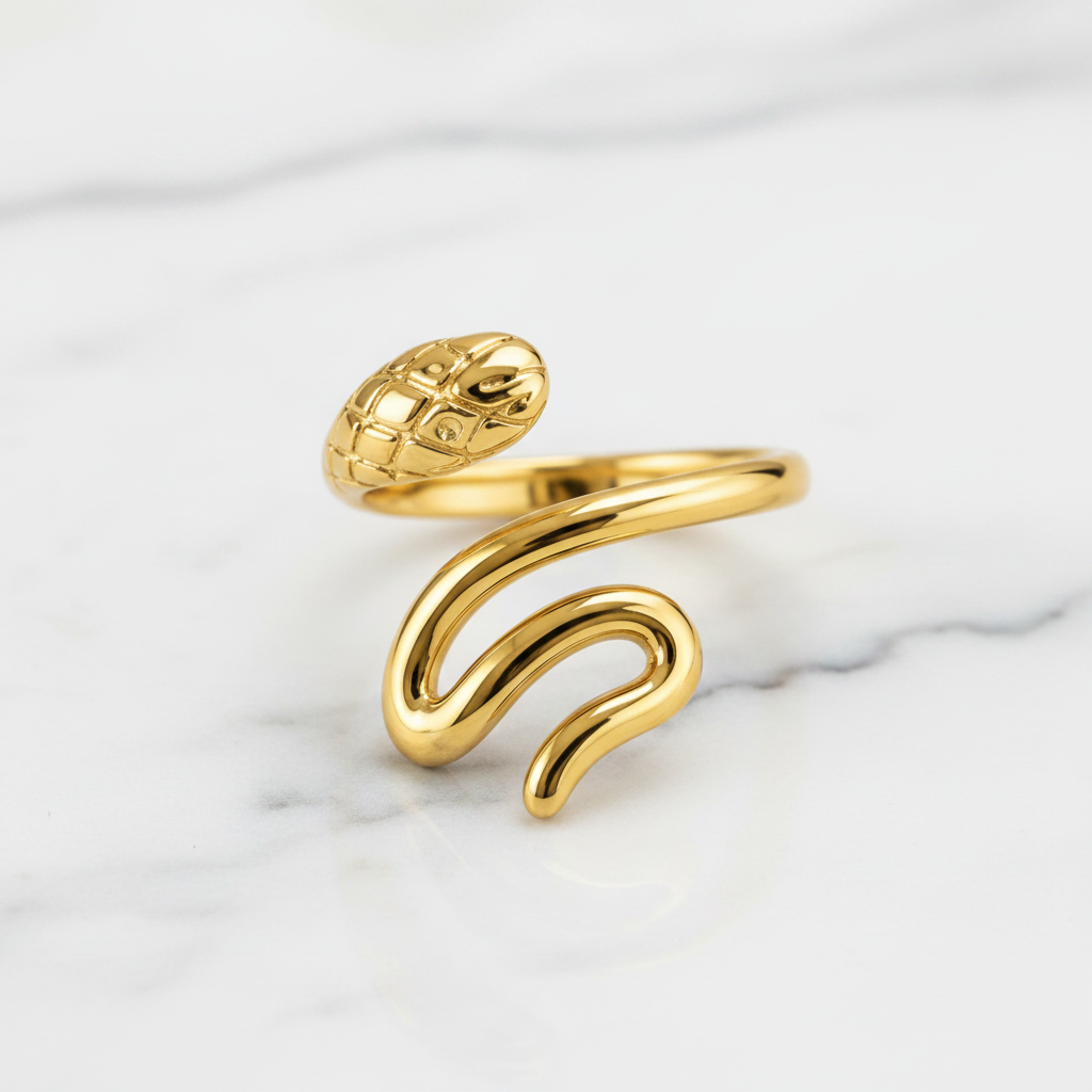Gold Serpent Coil Wrap Open Ring - white marble product shot