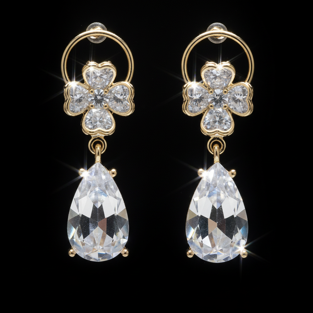 Crystal Zircon Teardrop Drop Earrings | Floral CZ Gold