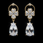 Crystal Zircon Teardrop Drop Earrings | Floral CZ Gold