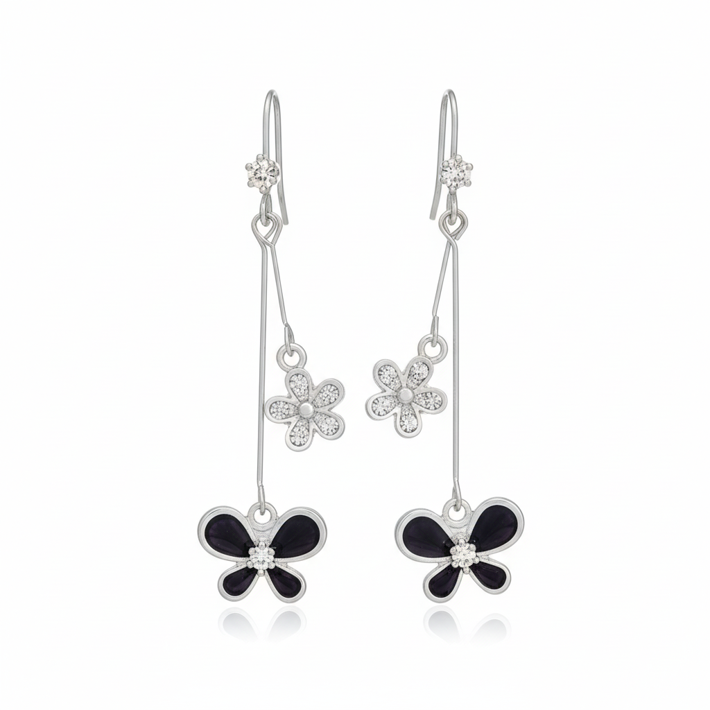 Black Zircon Flower Drop Earrings