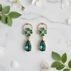 Emerald Green Zircon Teardrop Drop Earrings | Floral CZ Gold