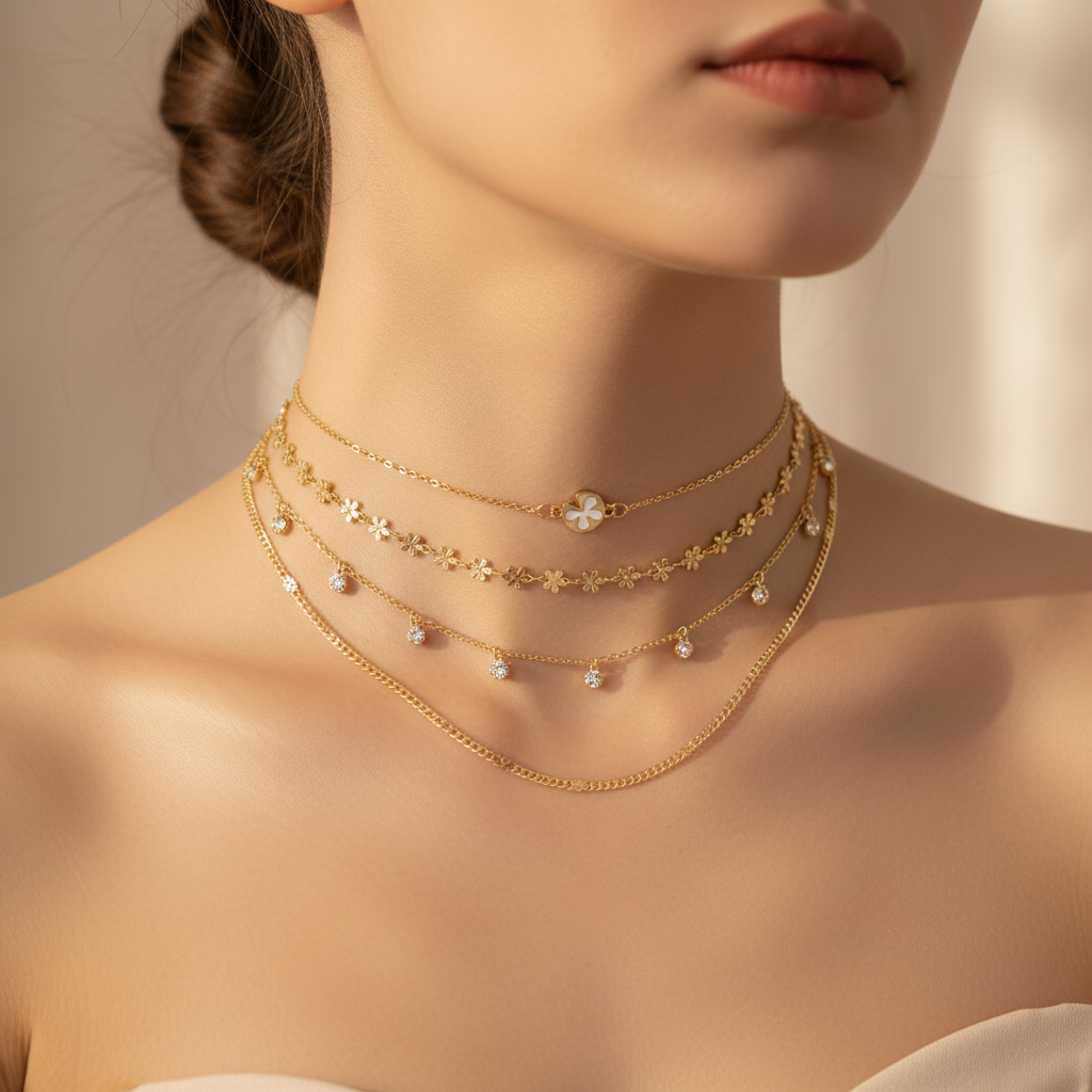 4 Choker Necklace Combo Set - Styled on Neck