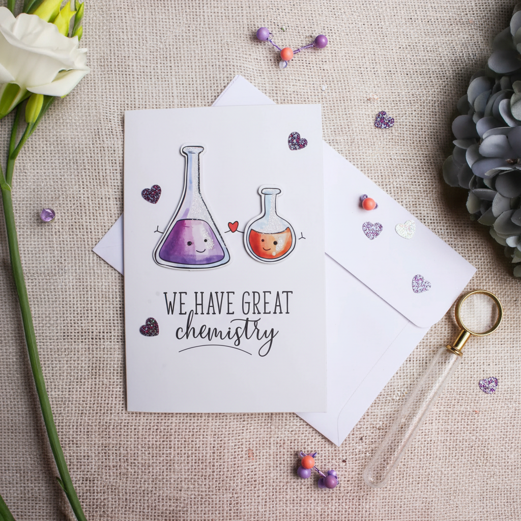 Flat lay composition of chemistry greeting card with envelope and science-themed decorative elements
