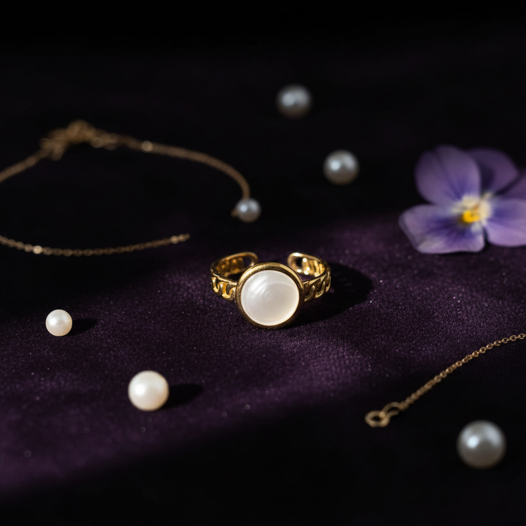 Gold Chain-Band Mother-of-Pearl Open Ring - velvet flat lay