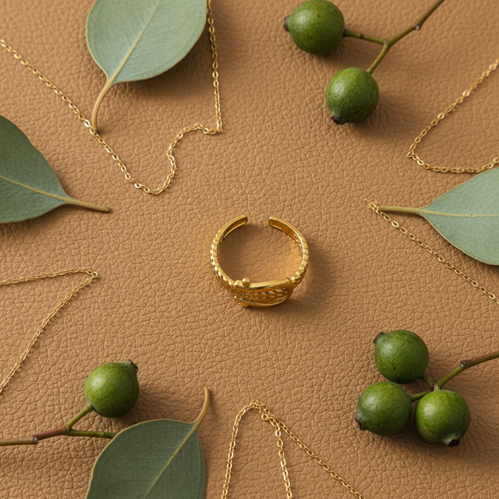 Gold belt buckle braided chain open cuff ring on tan leather with gold chain links and eucalyptus