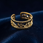 Gold Celestial Moon & Star Cutout Wide Cuff Open Ring - dark navy velvet dramatic editorial shot