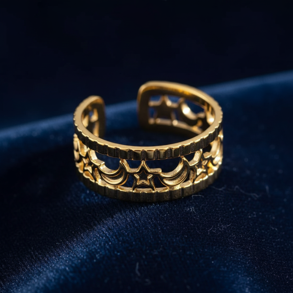 Gold Celestial Moon & Star Cutout Wide Cuff Open Ring - dark navy velvet dramatic editorial shot