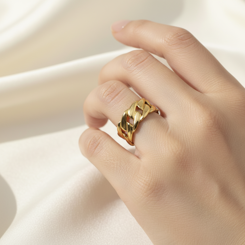 Gold Cuban Link Chain Open Cuff Ring - worn on finger cream background lifestyle shot