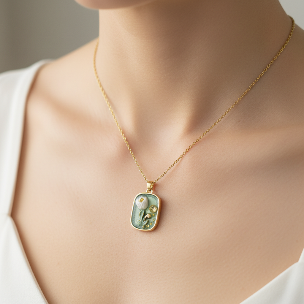 Gold 3D White Tulip Sage Green Pendant Necklace - worn around neck lifestyle shot
