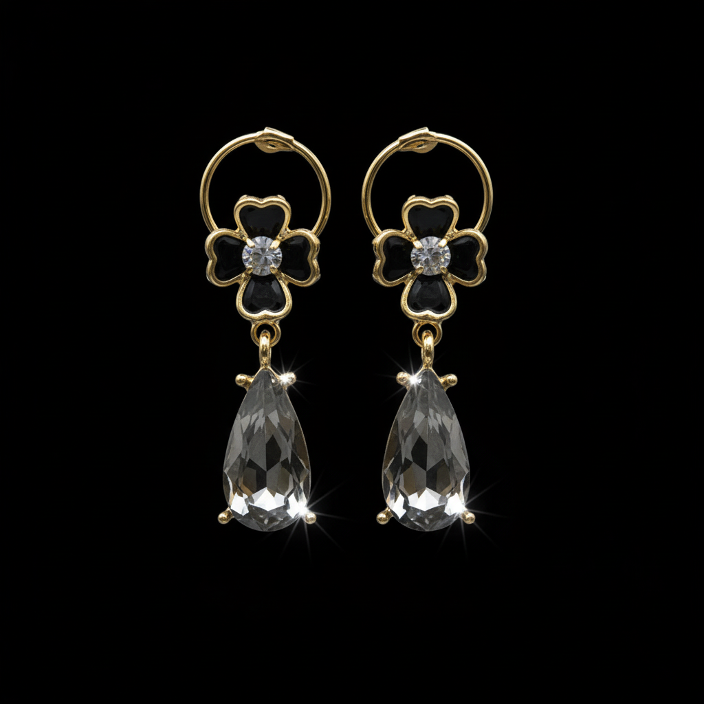 Smoky Grey Zircon Teardrop Drop Earrings | Black Floral CZ Gold