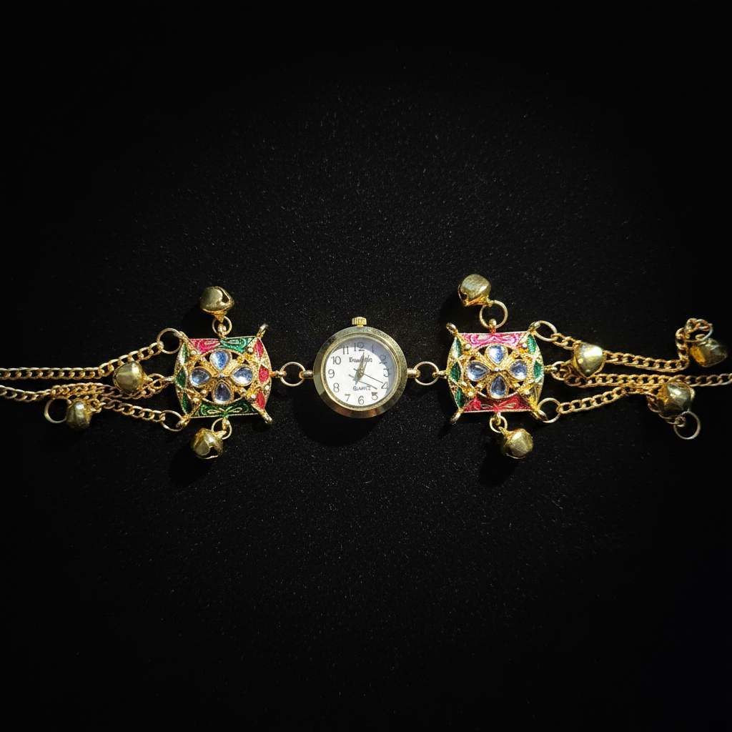 Multicolour Meenakari Star Charm Bracelet Watch - Dark Velvet Background